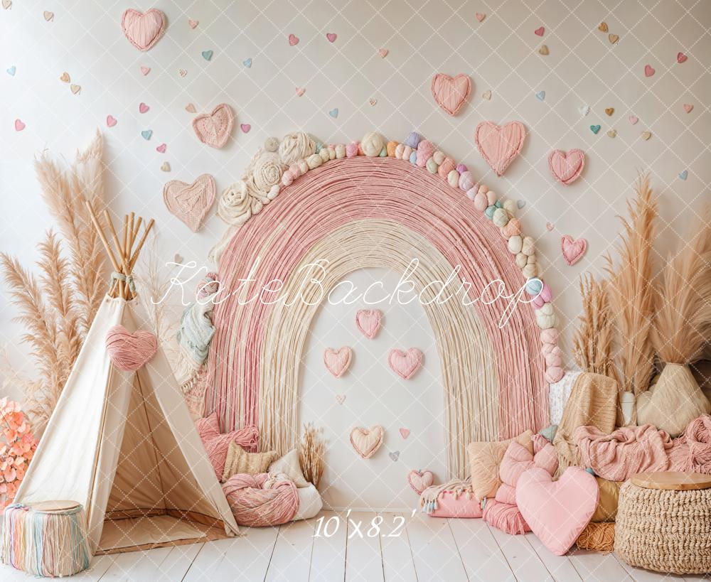 Kate Pink Boho Rainbow Tent Hearts Backdrop Designed by Emetselch