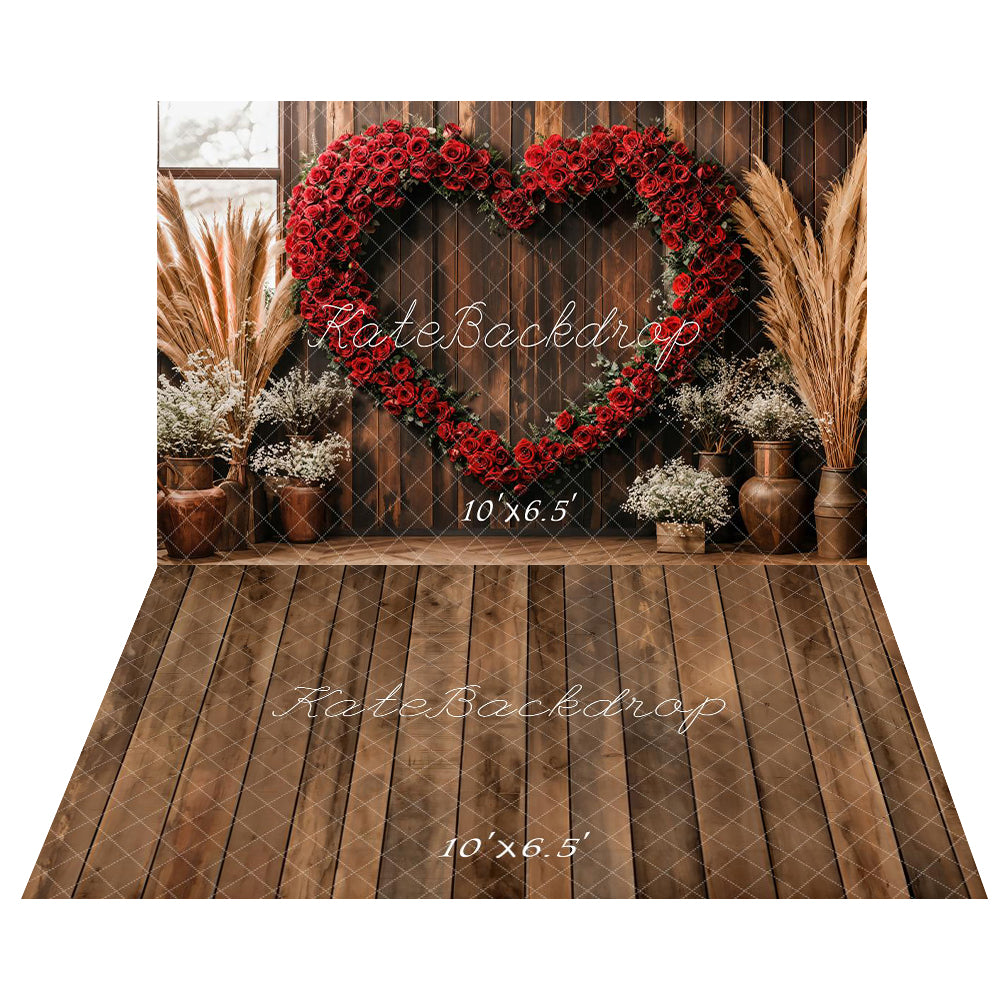 Kate Valentine Heart Rose Backdrop+Brown Old Wooden Floor Backdrop