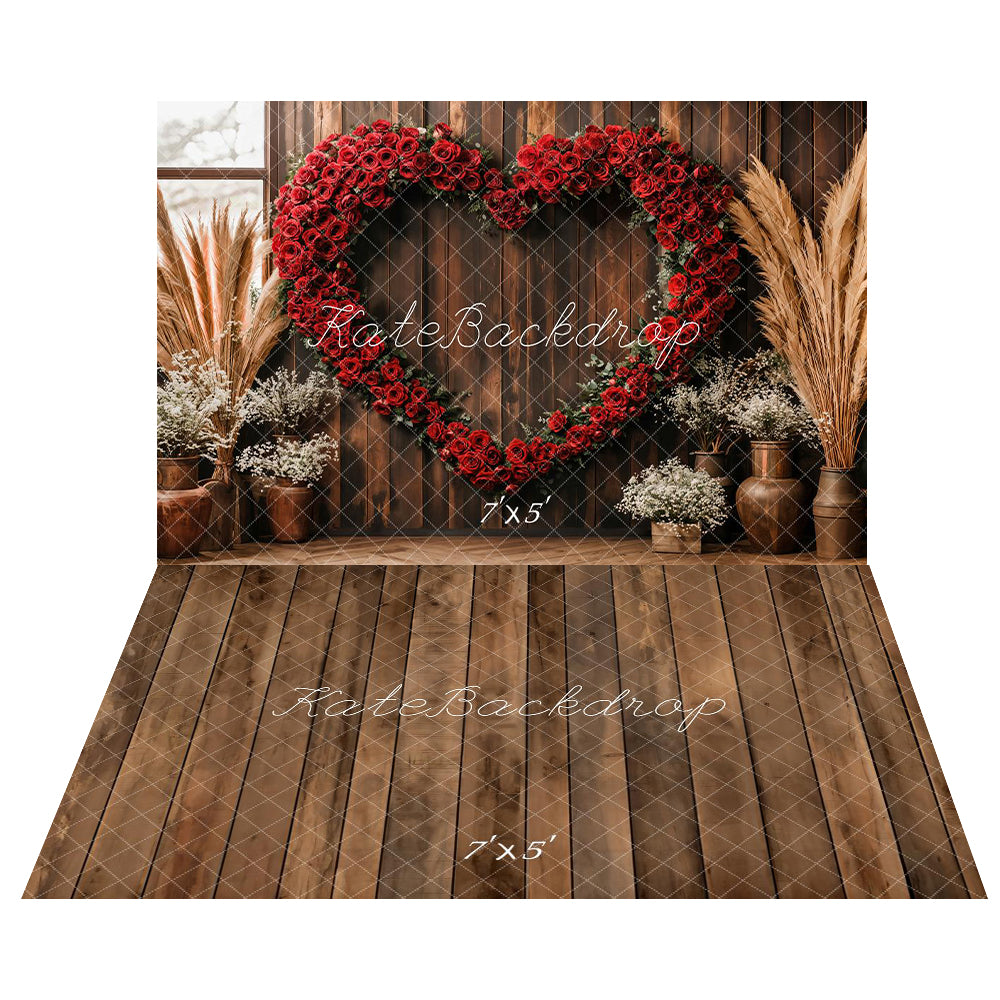 Kate Valentine Heart Rose Backdrop+Brown Old Wooden Floor Backdrop