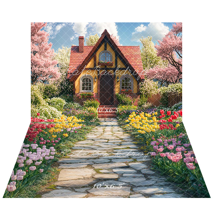 Kate Spring Cottage Garden Flowers Backdrop+Tulip Path Floor Backdrop