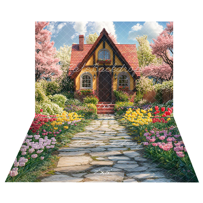 Kate Spring Cottage Garden Flowers Backdrop+Tulip Path Floor Backdrop