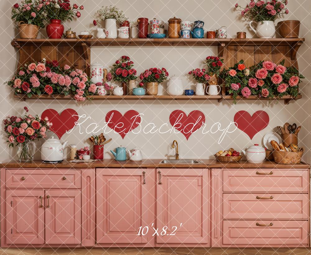 Kate Valentine Kitchen Floral Red Heart Backdrop Designed by Emetselch