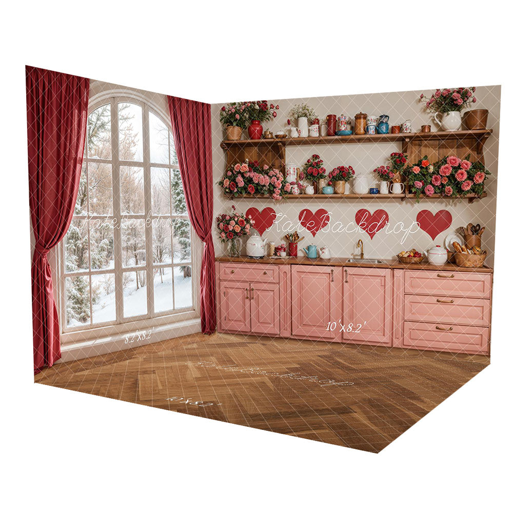 Kate Valentine Kitchen Floral Red Heart Room Set(8ftx8ft&10ftx8ft&8ftx10ft)