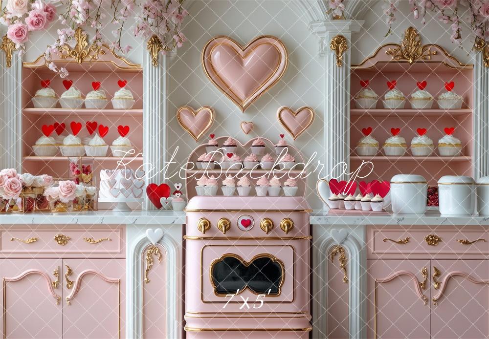 Kate Valentine's Heart Pink Kitchen Cupcake Backdrop Designed by Mini MakeBelieve