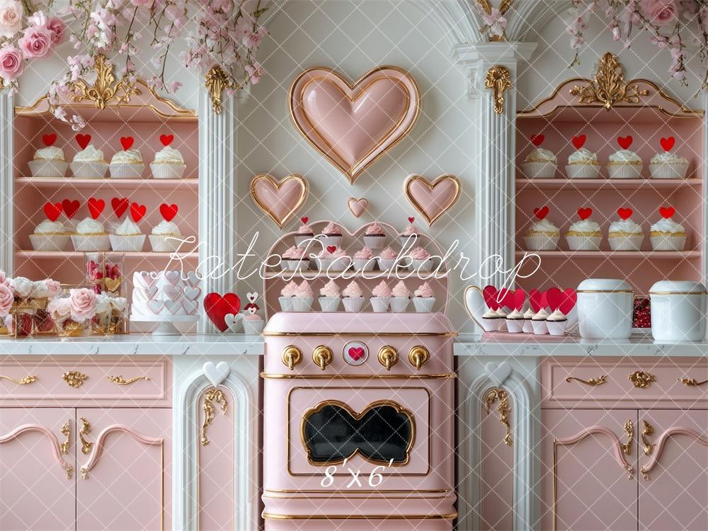 Kate Valentine's Heart Pink Kitchen Cupcake Backdrop Designed by Mini MakeBelieve