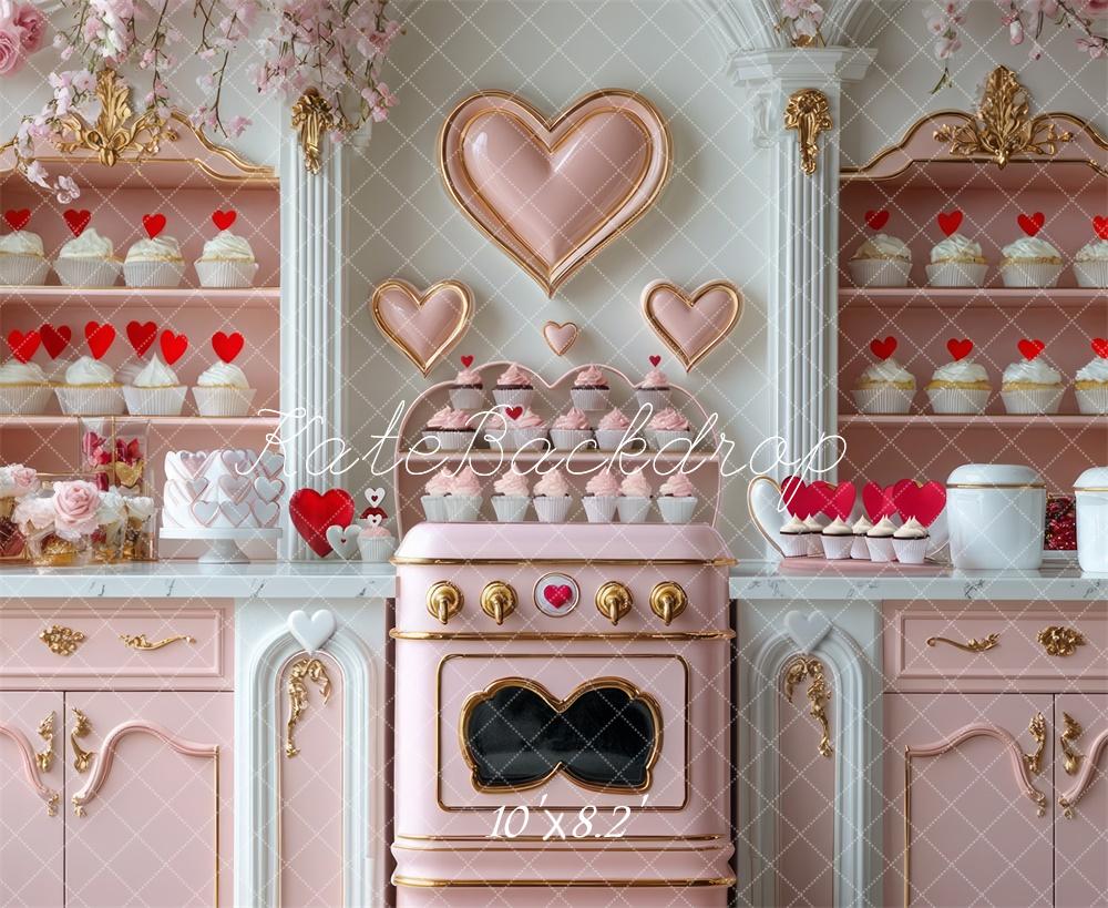 Kate Valentine's Heart Pink Kitchen Cupcake Backdrop Designed by Mini MakeBelieve