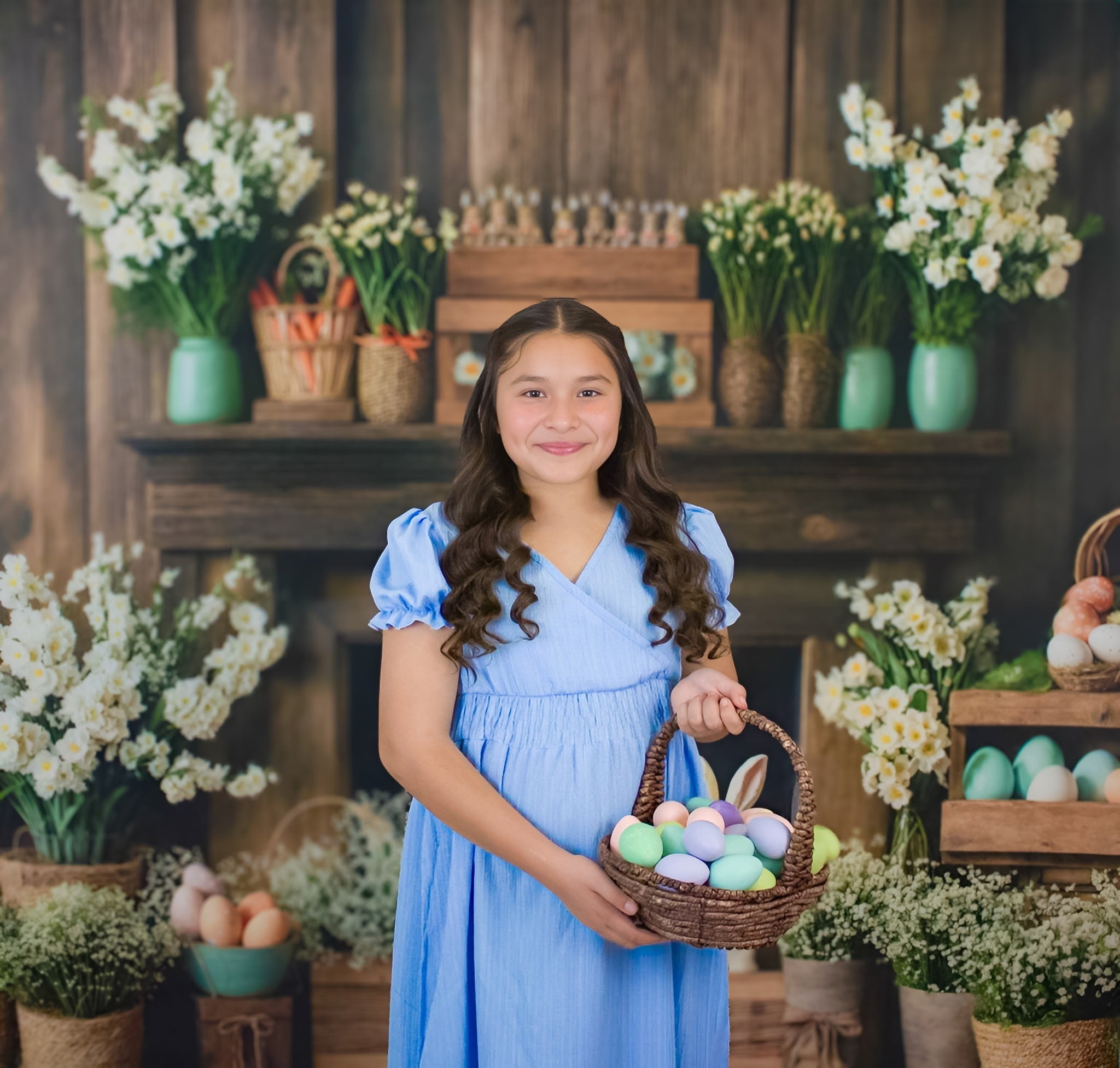 Kate Easter Fireplace Bunny Rustic Floral Backdrop Designed by Emetselch