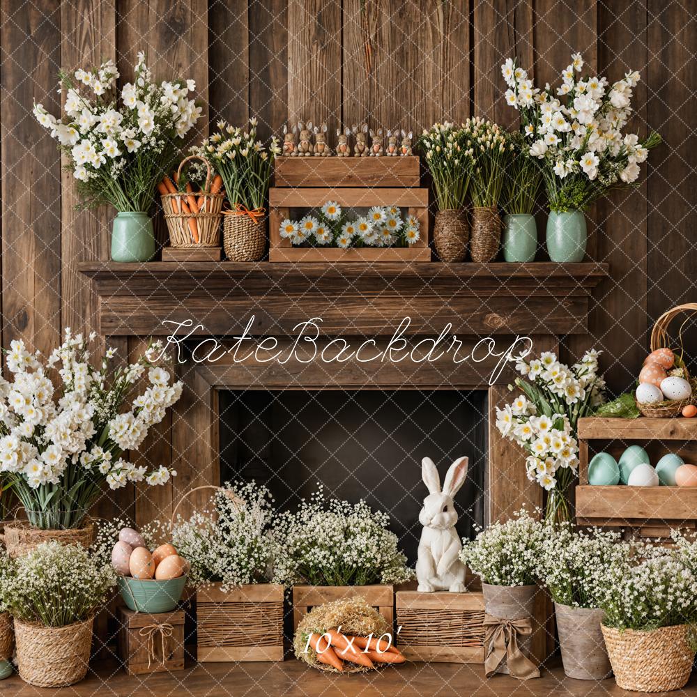 Kate Easter Fireplace Bunny Rustic Floral Backdrop Designed by Emetselch