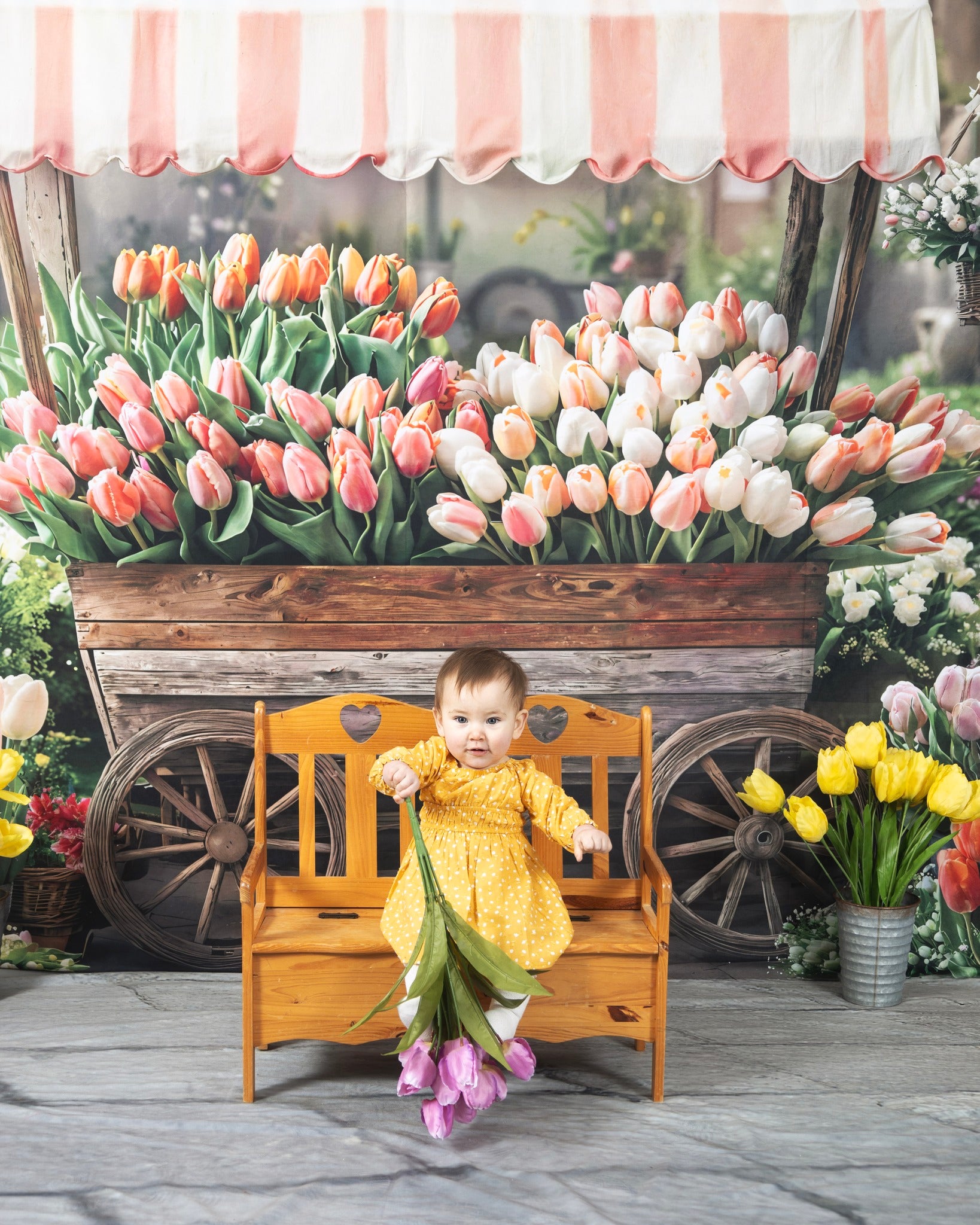 Kate Spring Flower Cart Tulips Garden Backdrop+Stone Brick Gray Floor Backdrop