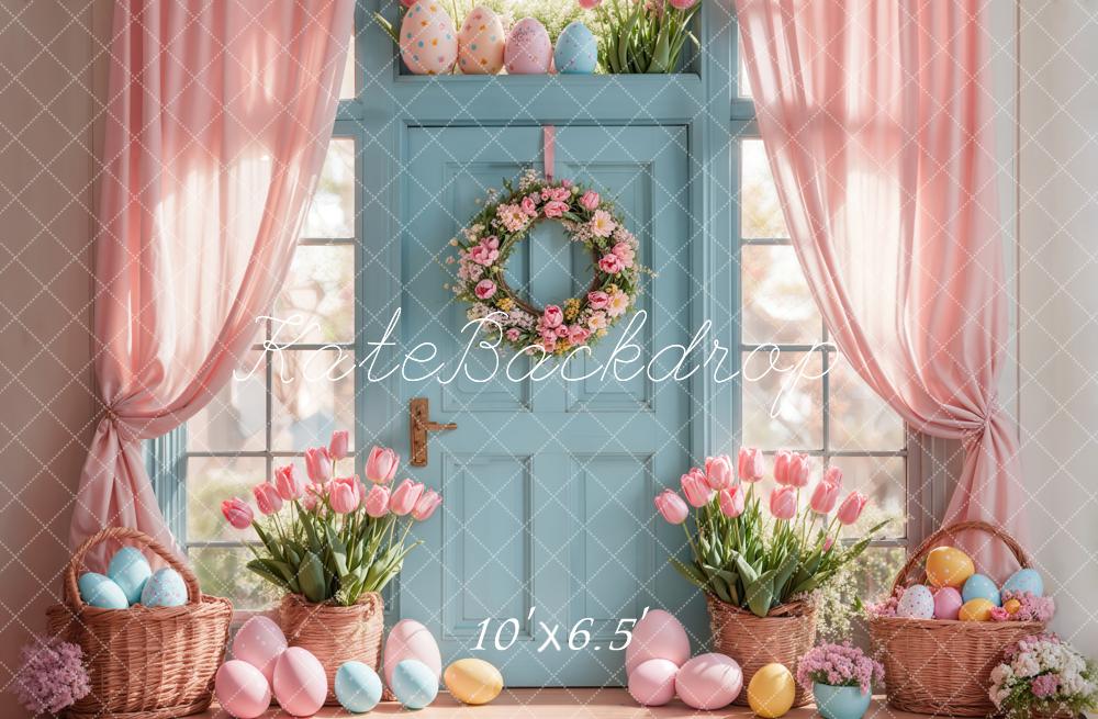 Kate Easter Egg Backdrop Pink Tulips Curtain Blue Door Designed by Emetselch