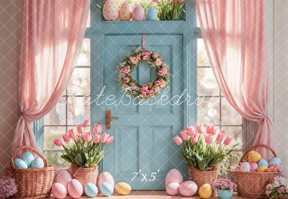 Kate Easter Egg Backdrop Pink Tulips Curtain Blue Door Designed by Emetselch