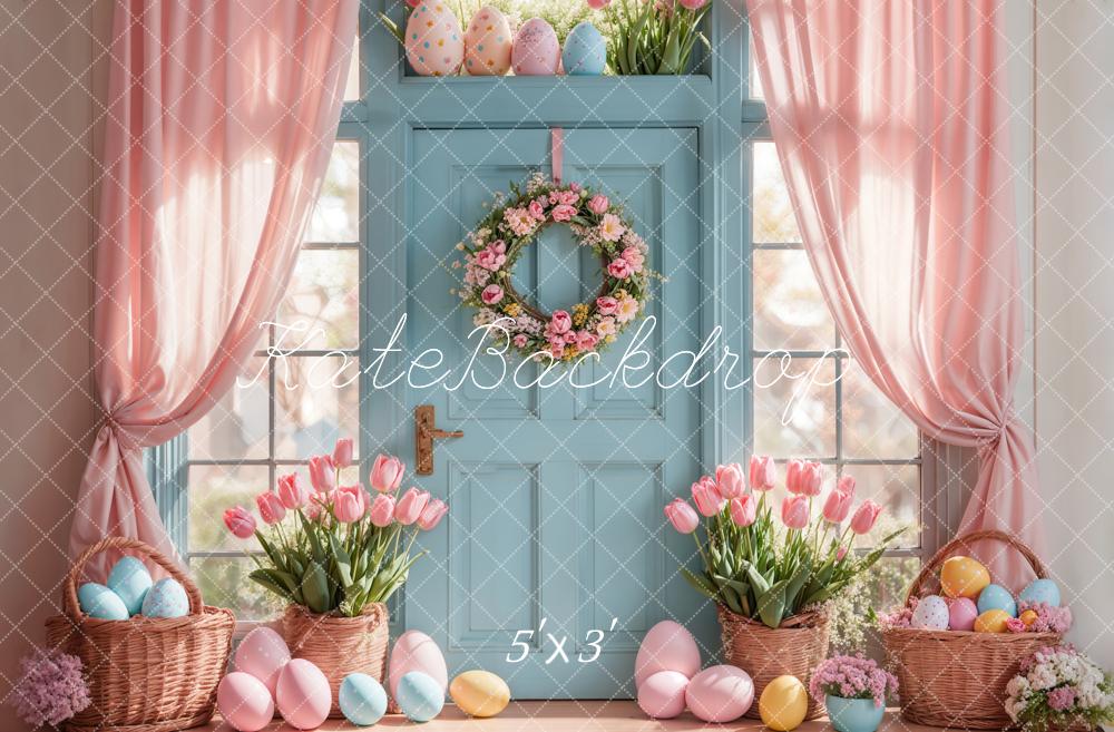 Kate Easter Egg Backdrop Pink Tulips Curtain Blue Door Designed by Emetselch