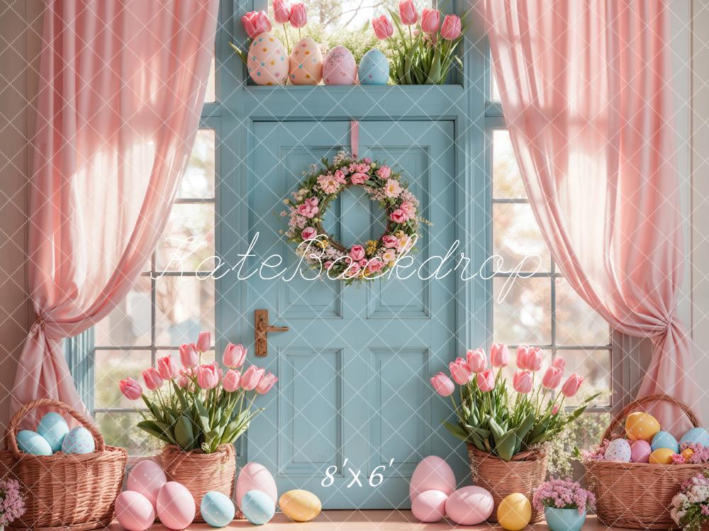 Kate Easter Egg Backdrop Pink Tulips Curtain Blue Door Designed by Emetselch