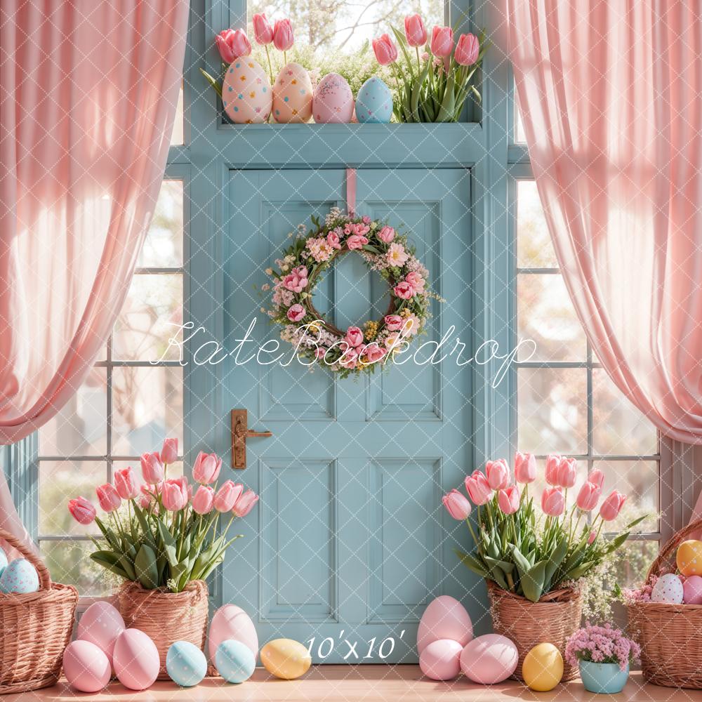 Kate Easter Egg Backdrop Pink Tulips Curtain Blue Door Designed by Emetselch