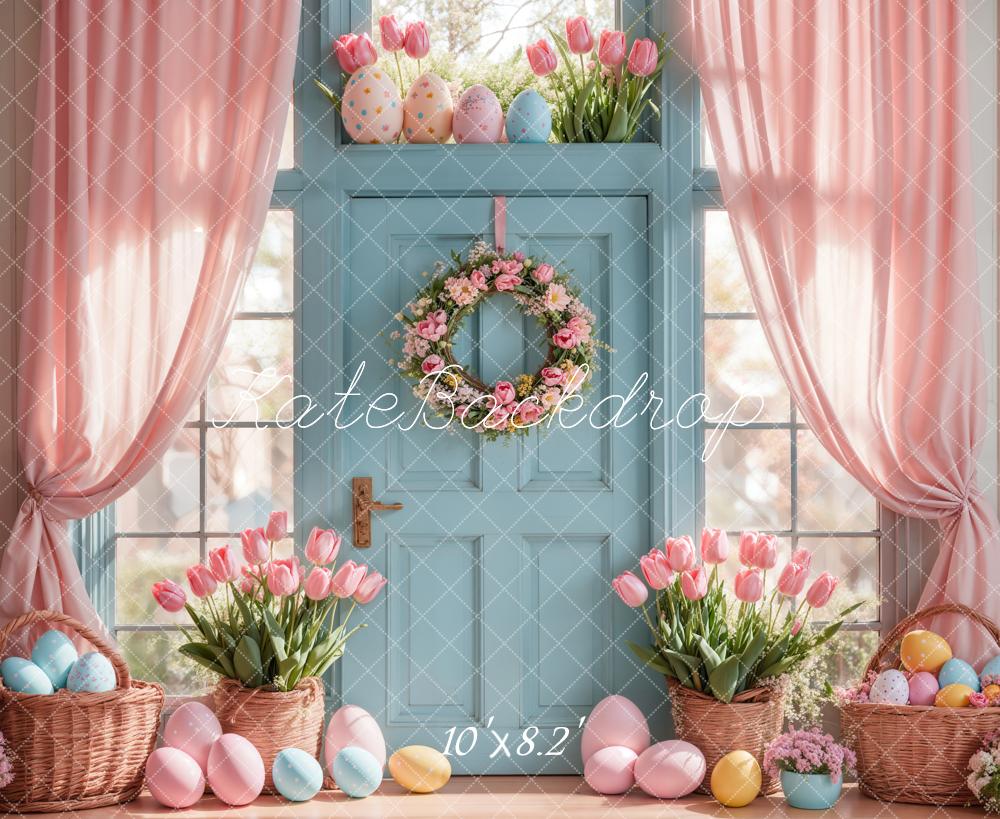 Kate Easter Egg Backdrop Pink Tulips Curtain Blue Door Designed by Emetselch