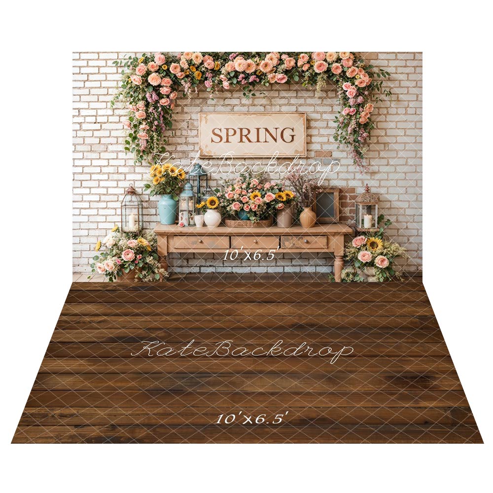 Kate Spring Floral Vintage Brick Wall Backdrop+Brown Wooden Floor Backdrop