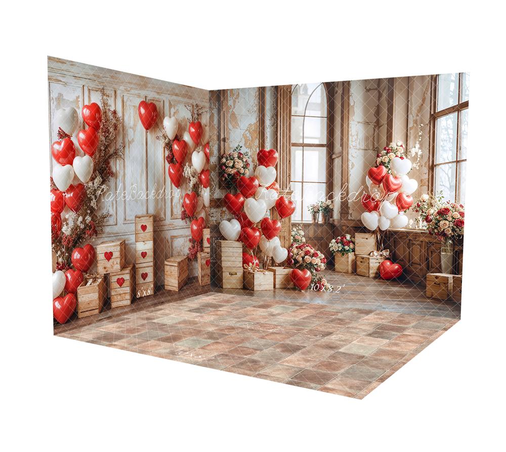 Kate Valentine Heart Balloons Wooden Vintage Room Set(8ftx8ft&10ftx8ft&8ftx10ft)