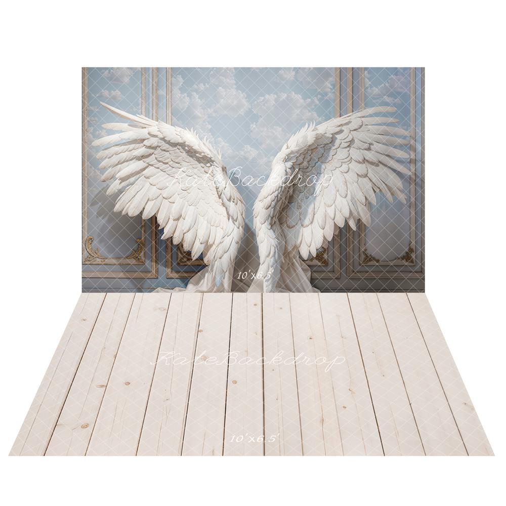 Kate Fantasy Angel Wings Vintage Wall Backdrop+Beige Wood Plank Floor Backdrop