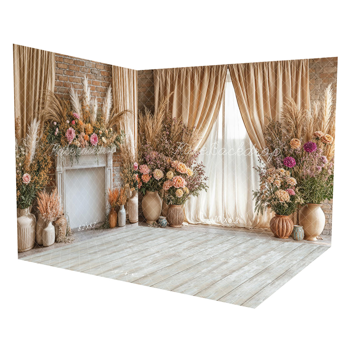 Kate Boho Floral Fireplace Curtain Beige Room Set(8ftx8ft&10ftx8ft&8ftx10ft)