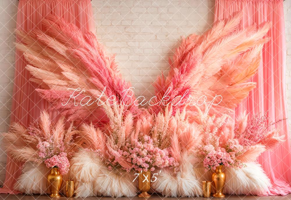 Kate Boho Pink Wings Pampas Backdrop Designed by Emetselch