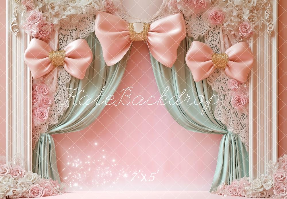 Kate Birthday Pink Bow Curtain Floral Backdrop Designed by Patty Roberts