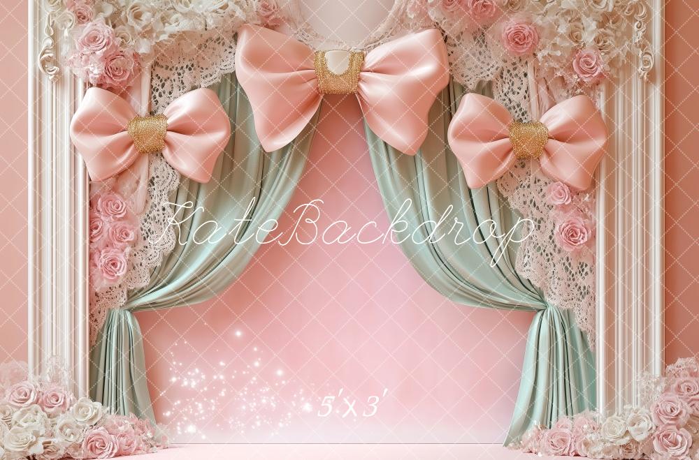 Kate Birthday Pink Bow Curtain Floral Backdrop Designed by Patty Roberts