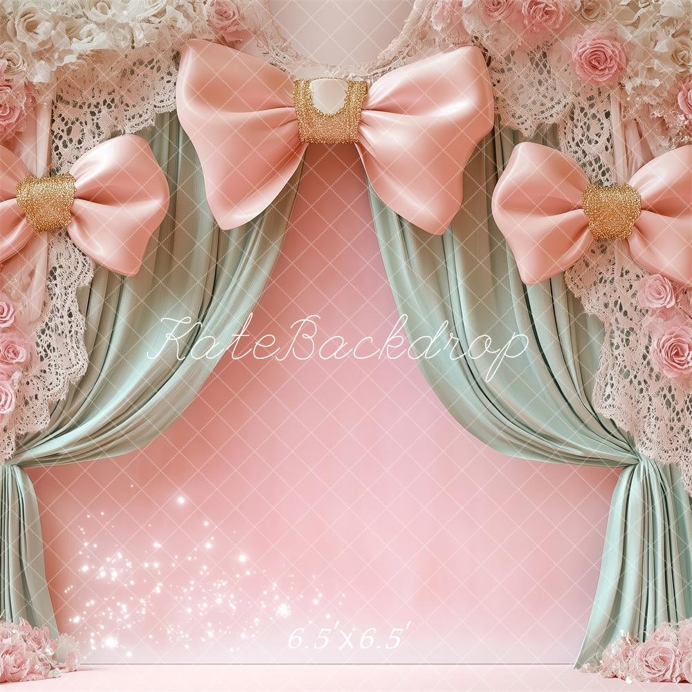 Kate Birthday Pink Bow Curtain Floral Backdrop Designed by Patty Roberts