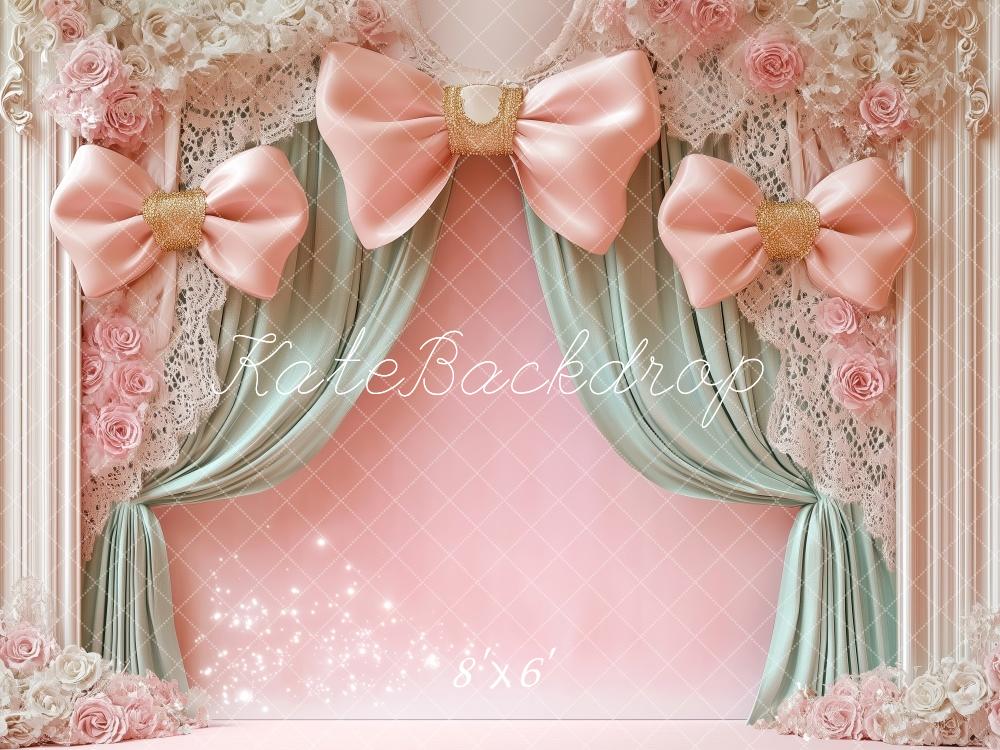 Kate Birthday Pink Bow Curtain Floral Backdrop Designed by Patty Roberts