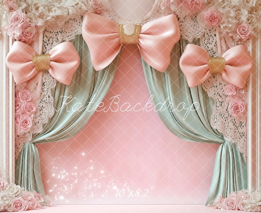 Kate Birthday Pink Bow Curtain Floral Backdrop Designed by Patty Roberts