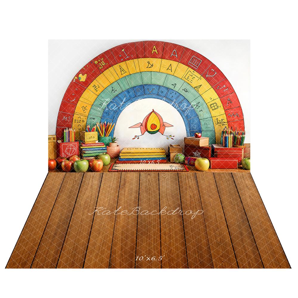 Kate Color Pencil Rainbow Back to School Backdrop+Wood Floor Backdrop for Photography