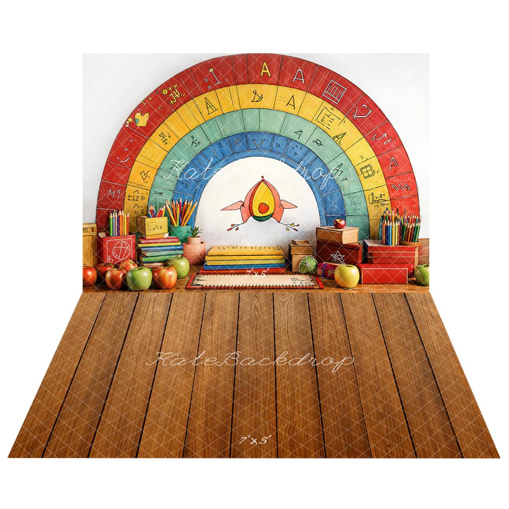 Kate Color Pencil Rainbow Back to School Backdrop+Wood Floor Backdrop for Photography