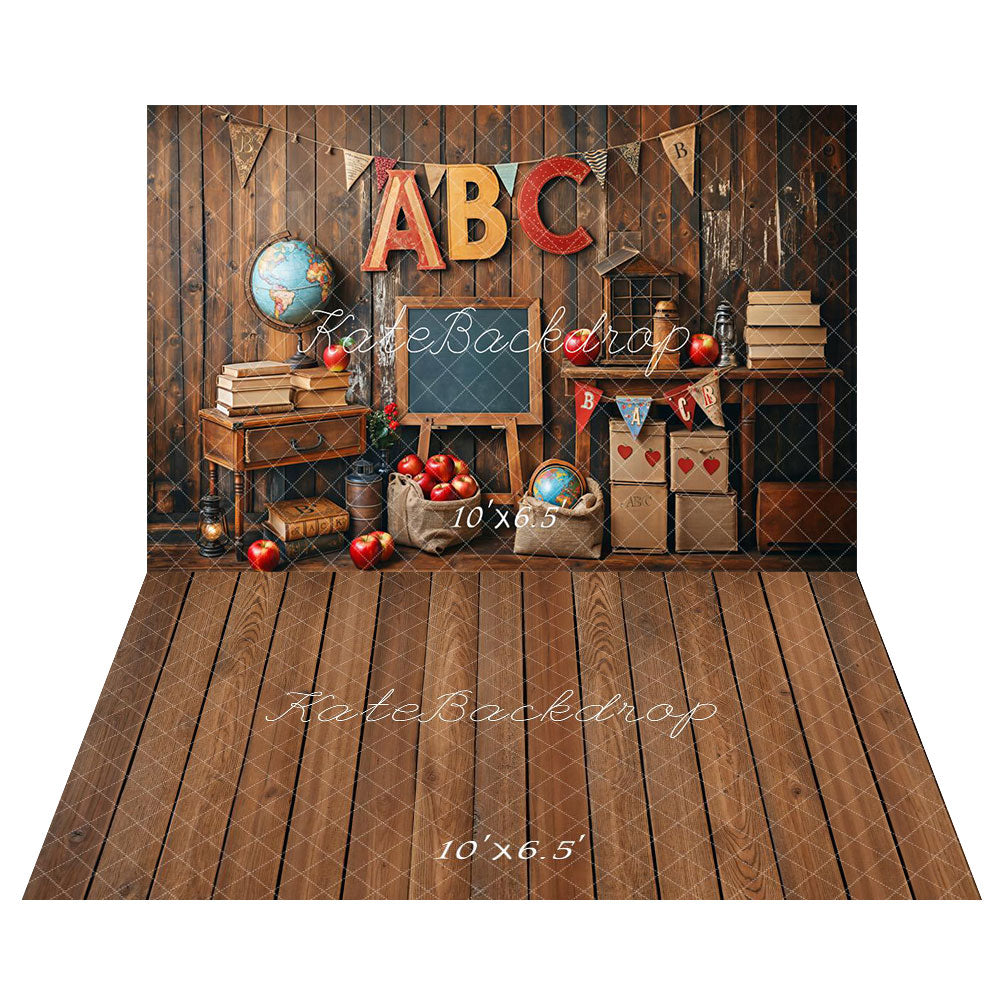 Kate Back to School Apple ABC Backdrop+Wooden Floor Backdrop