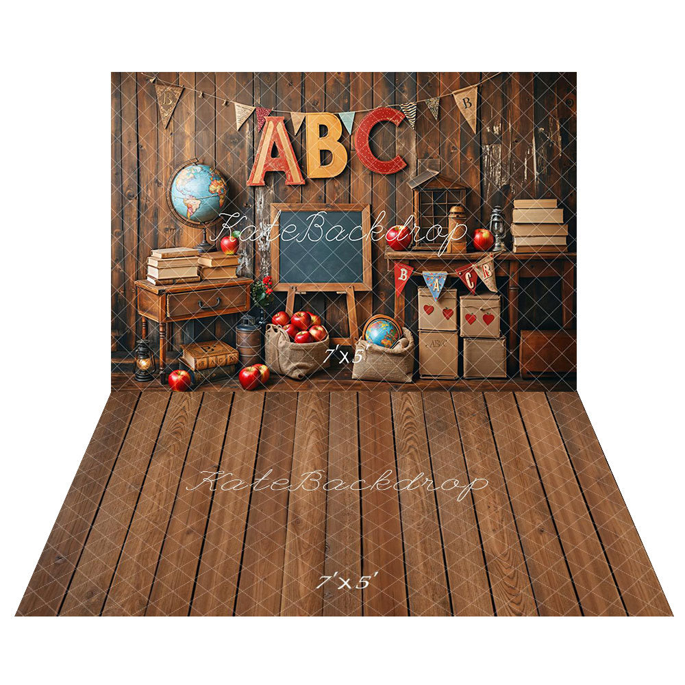 Kate Back to School Apple ABC Backdrop+Wooden Floor Backdrop