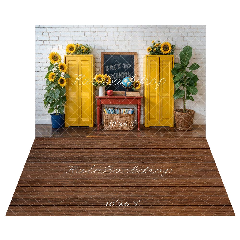 Kate Back to School Sunflowers Backdrop+Brown Wood Floor Backdrop for Photography