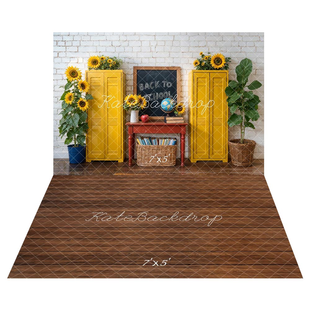 Kate Back to School Sunflowers Backdrop+Brown Wood Floor Backdrop for Photography