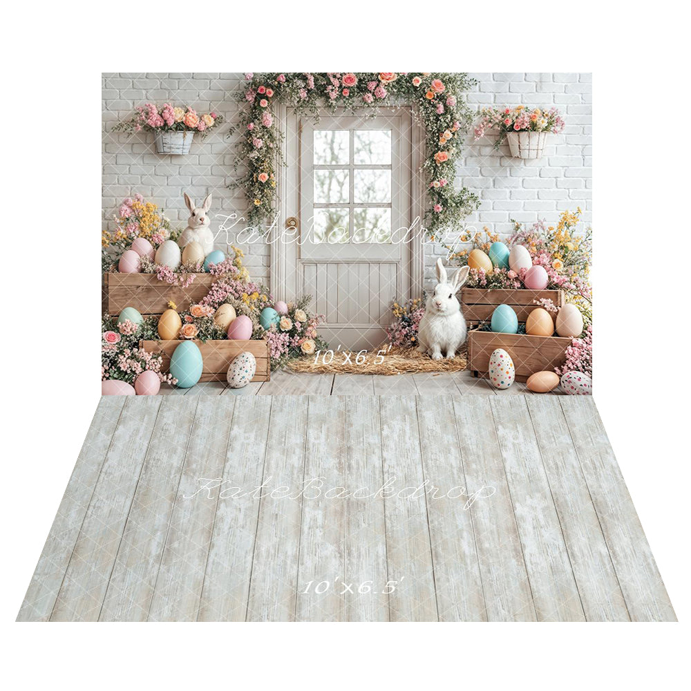 Kate Easter Bunny Eggs Backdrop+Wood Texture Floor Backdrop