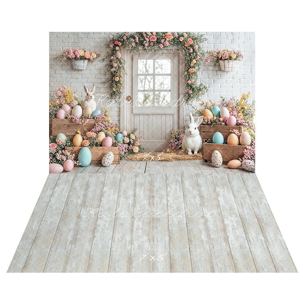 Kate Easter Bunny Eggs Backdrop+Wood Texture Floor Backdrop