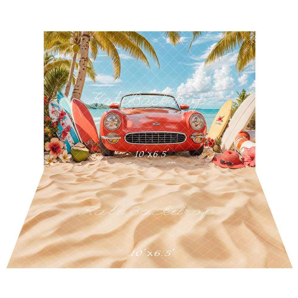 Kate Sea Coconut Tree Red Car Backdrop+Beach Floor Backdrop