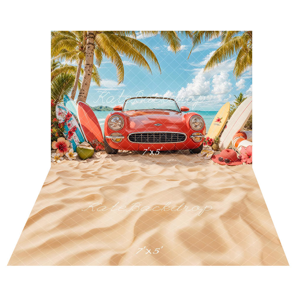 Kate Sea Coconut Tree Red Car Backdrop+Beach Floor Backdrop