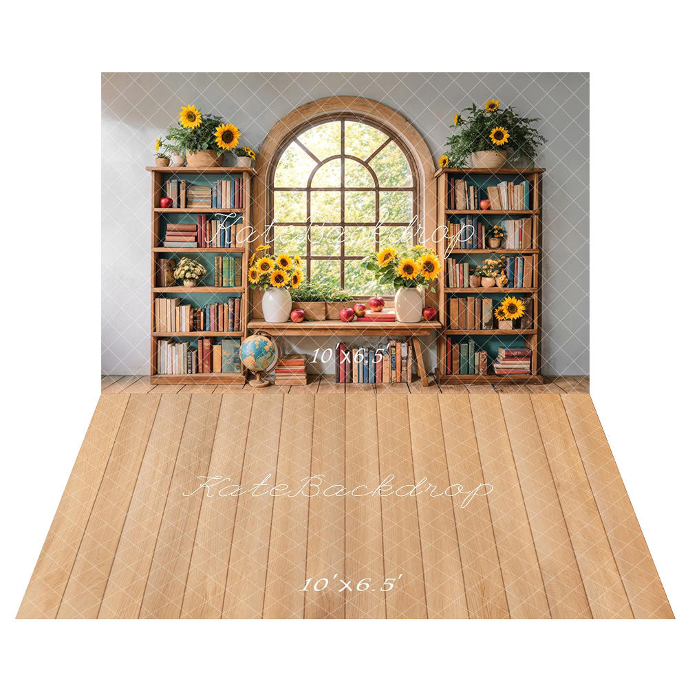 Kate Window Bookshelf Back to School Backdrop+Wood Floor Backdrop