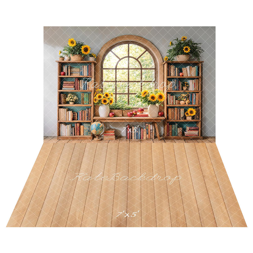 Kate Window Bookshelf Back to School Backdrop+Wood Floor Backdrop