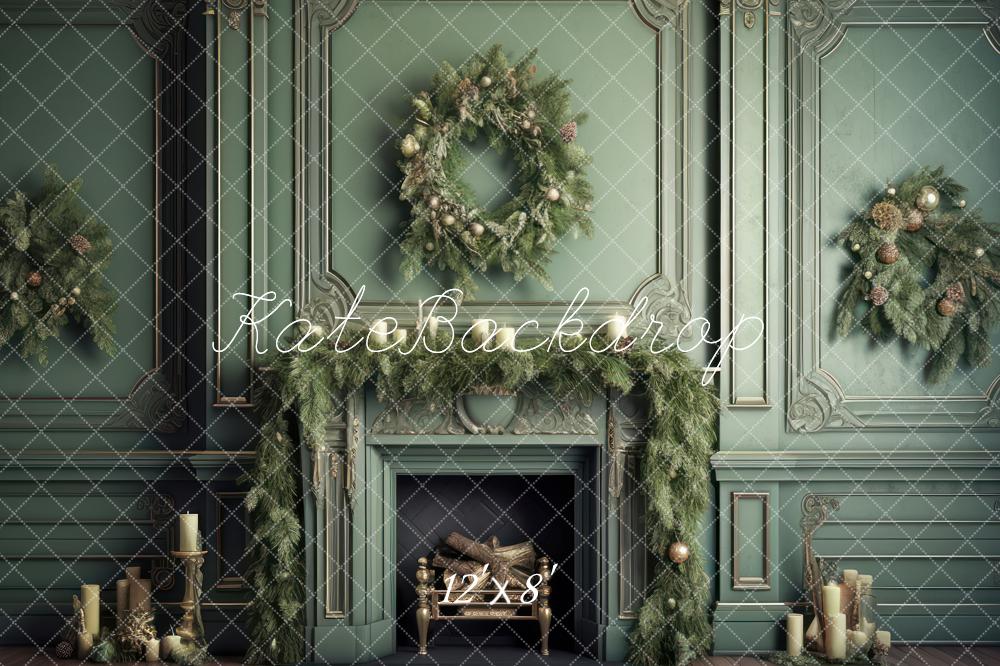 Kate Fireplace Christmas Greenery Fleece Backdrop Designed by Mandy Ringe Photography