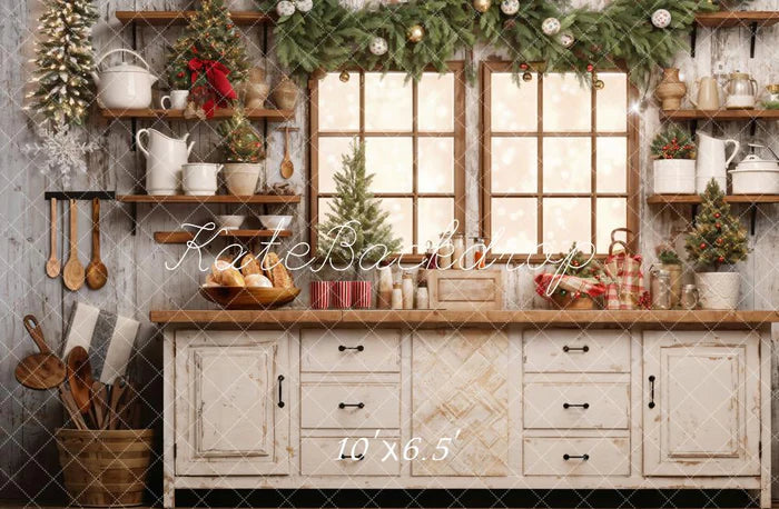 Kate Fleece Retro Christmas Kitchen Window Backdrop Designed by Emetselch