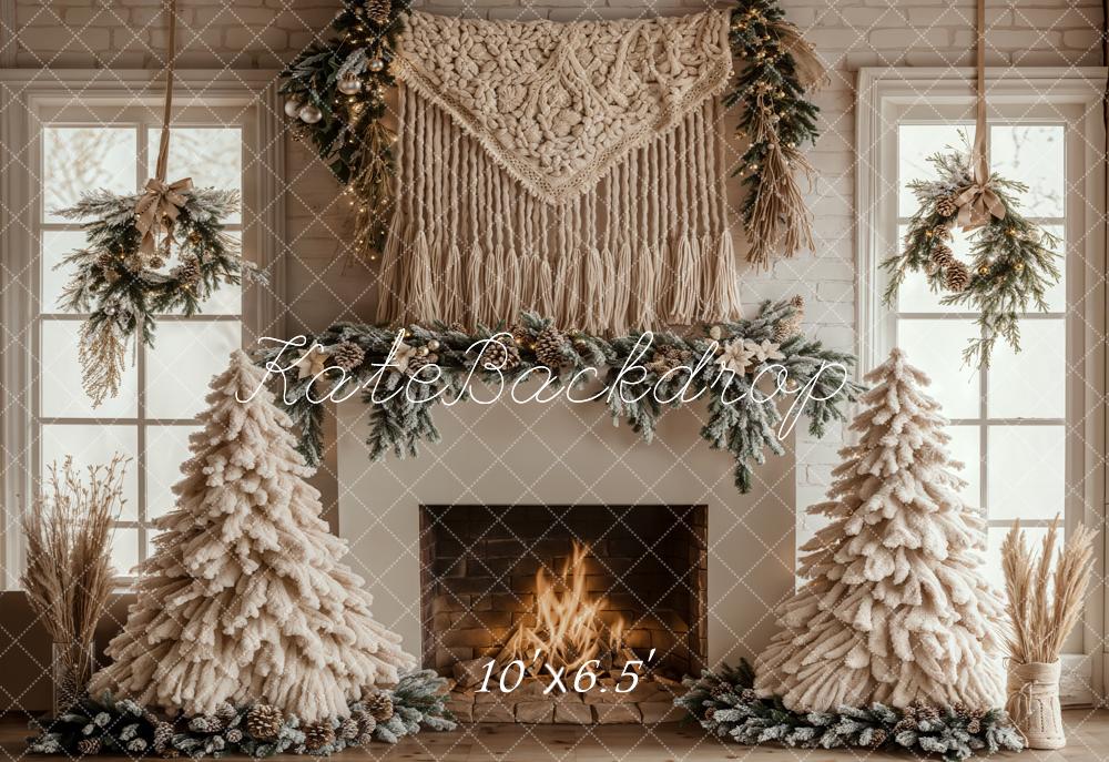 Kate Fleece White Christmas Backdrop Boho Fireplace Designed by Emetselch