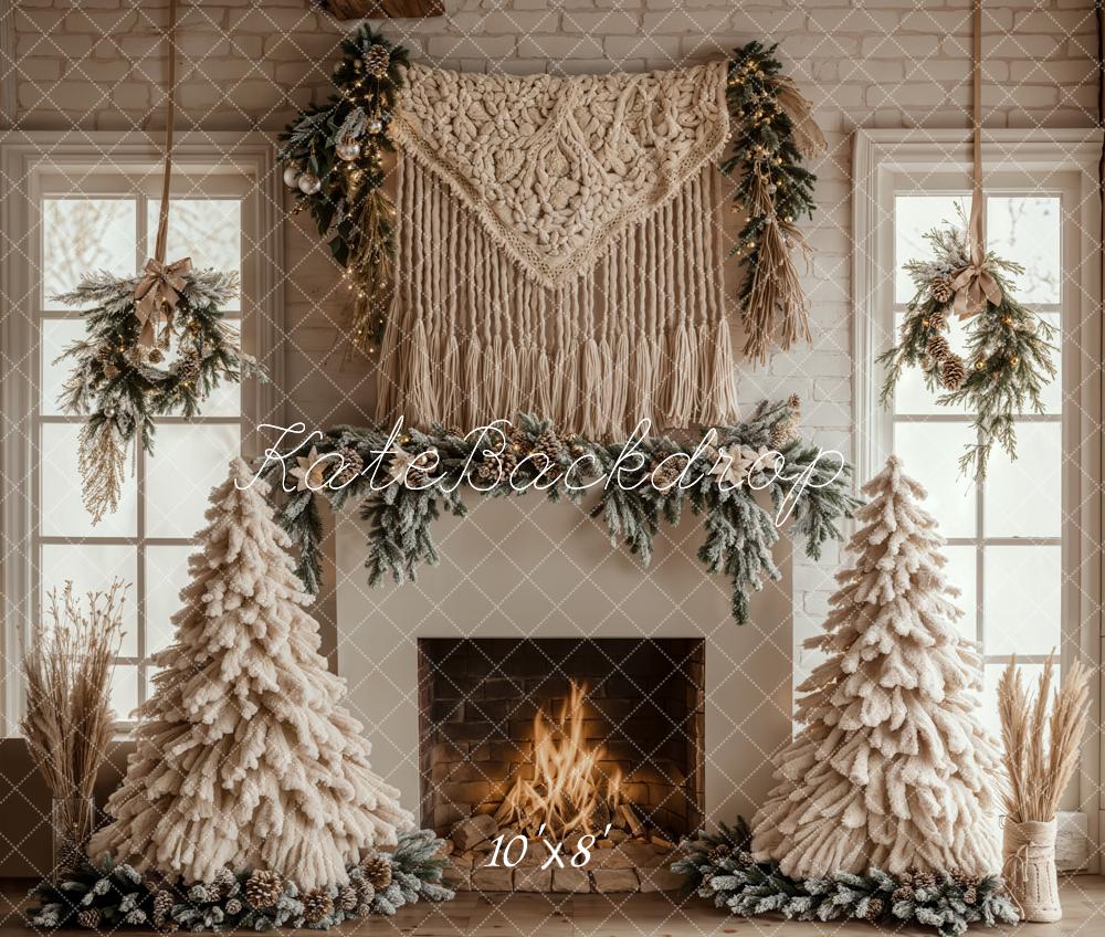 Kate Fleece White Christmas Backdrop Boho Fireplace Designed by Emetselch