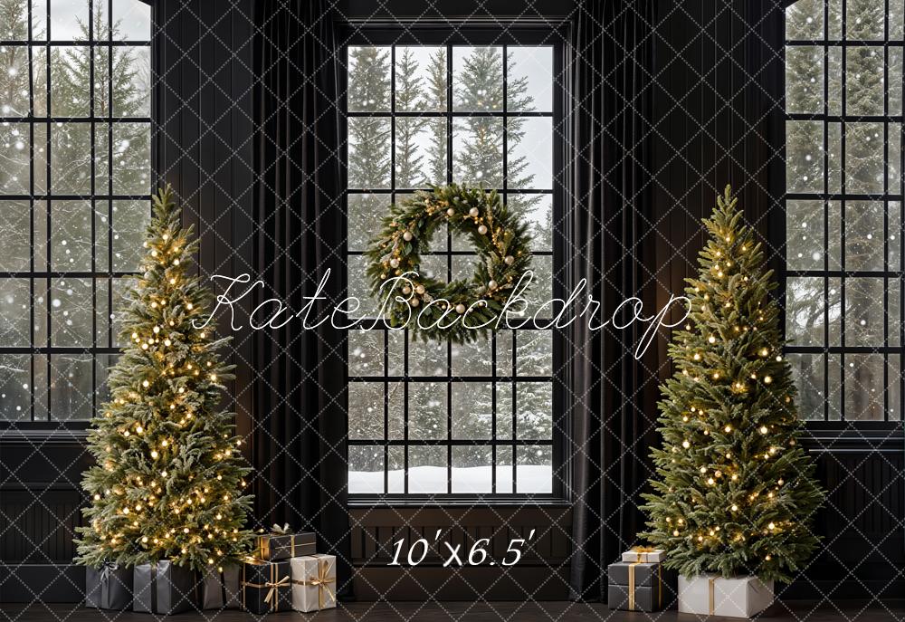 Kate Fleece Black Christmas Tree Window Backdrop Designed by Emetselch