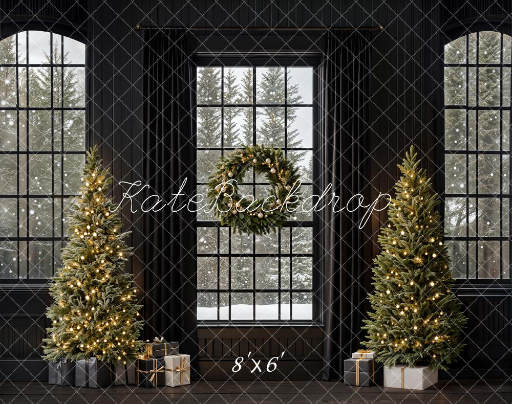 Kate Fleece Black Christmas Tree Window Backdrop Designed by Emetselch