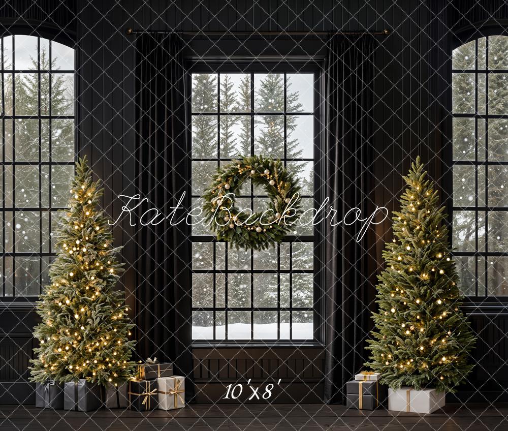 Kate Fleece Black Christmas Tree Window Backdrop Designed by Emetselch