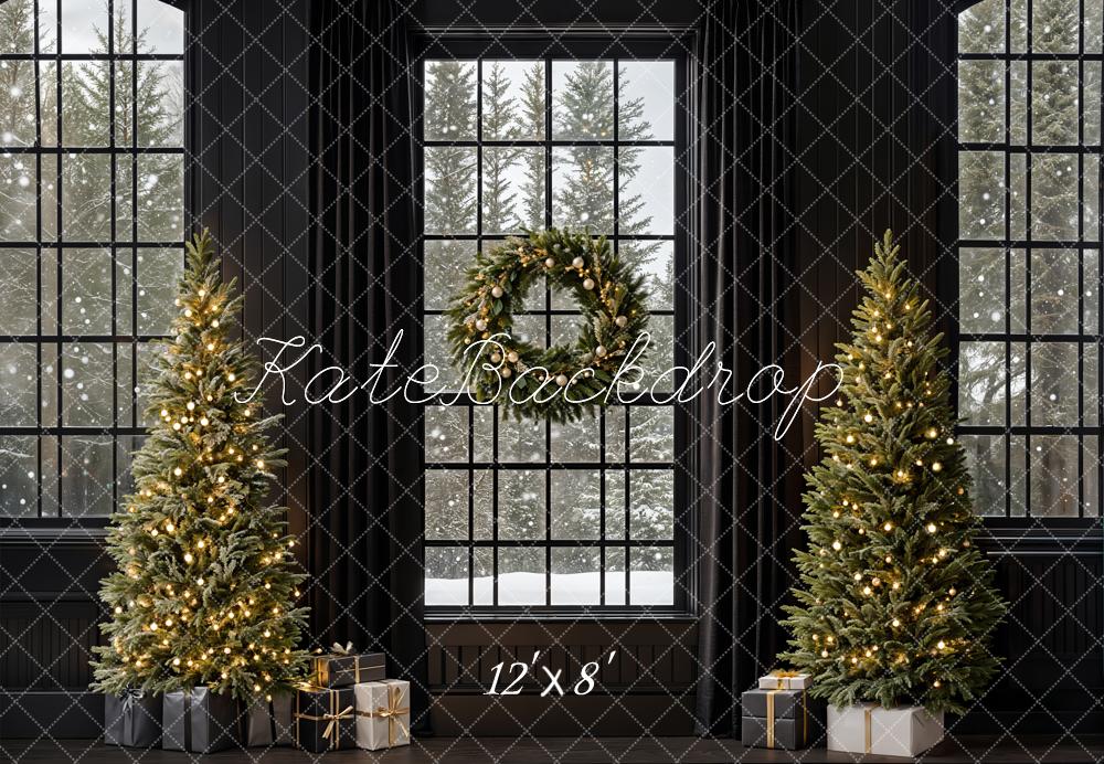 Kate Fleece Black Christmas Tree Window Backdrop Designed by Emetselch