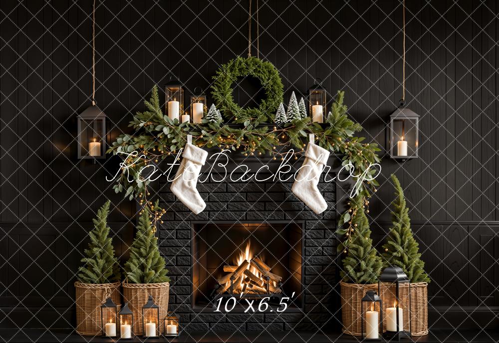 Kate Fleece Black Christmas Tree Fireplace Backdrop Designed by Emetselch